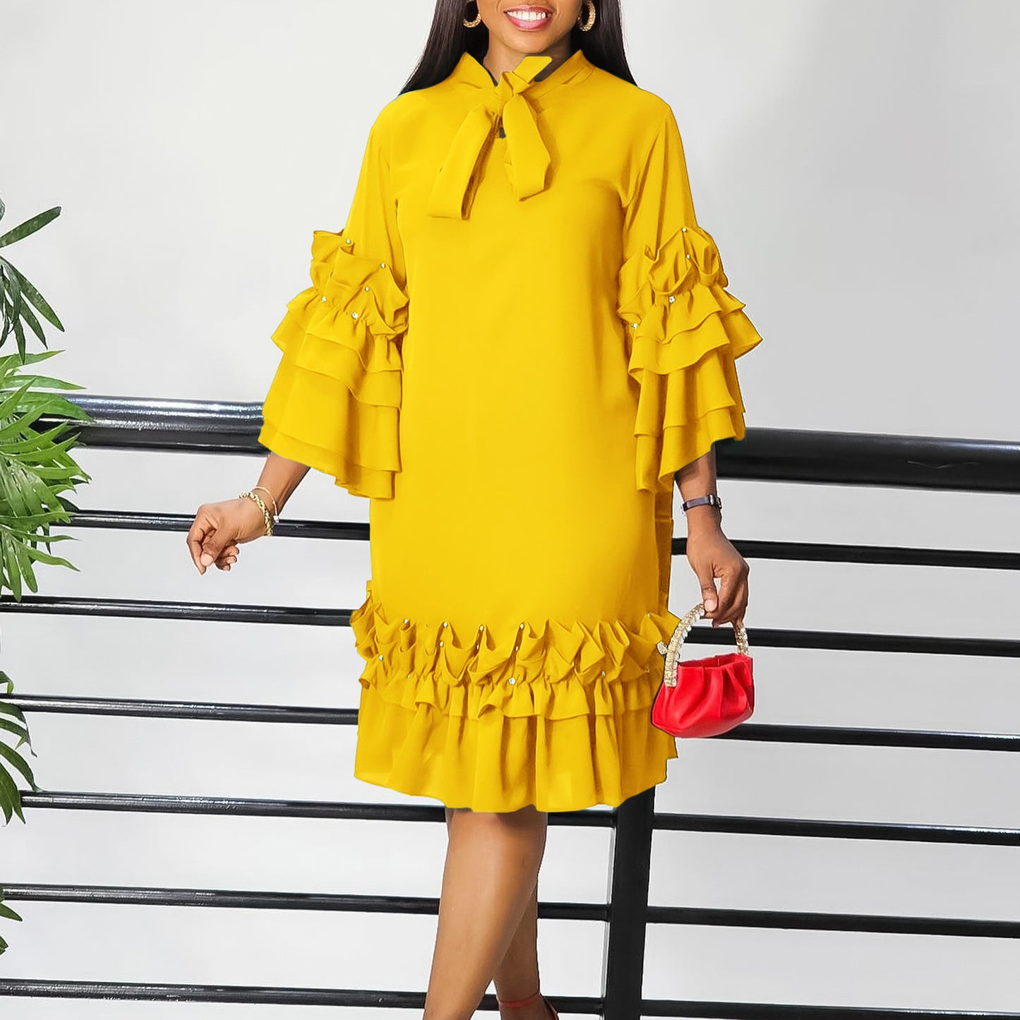 Elegant Multi-Layer Ruffle Sleeve Dress