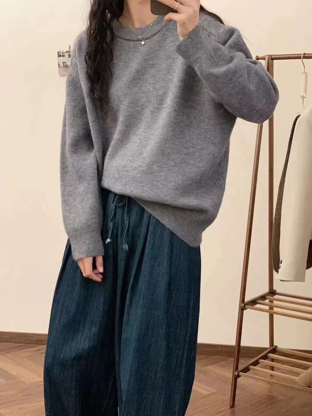 Solid Color Crew Neck Loose Knit Sweater  Casual Autumn Winter Pullover