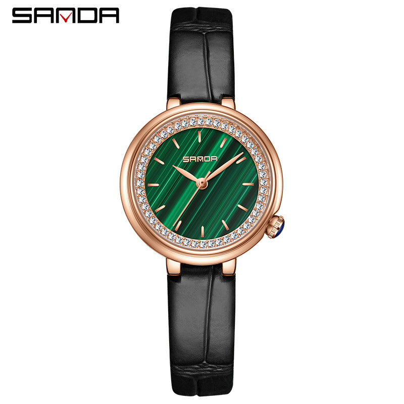 Elegant Malachite Quartz Watch with Crystal Stones - Luxury Women's