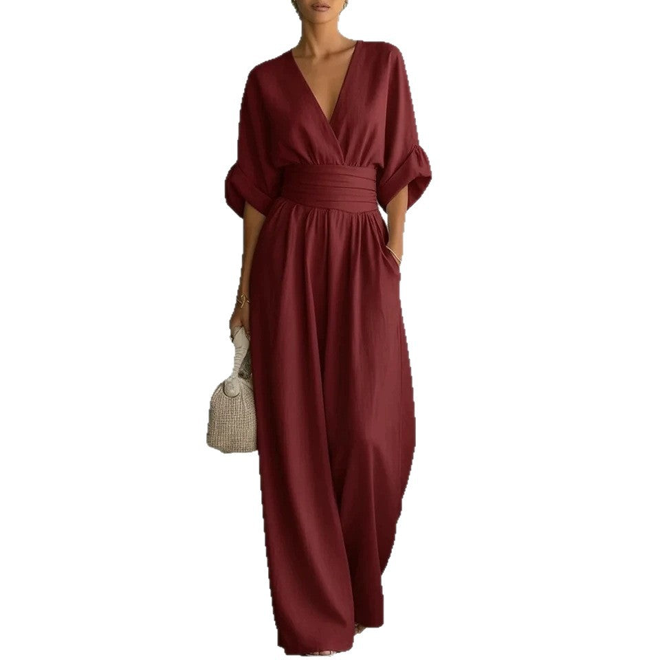 Womens Elegant V-Neck Waist-Slimming Jumpsuit