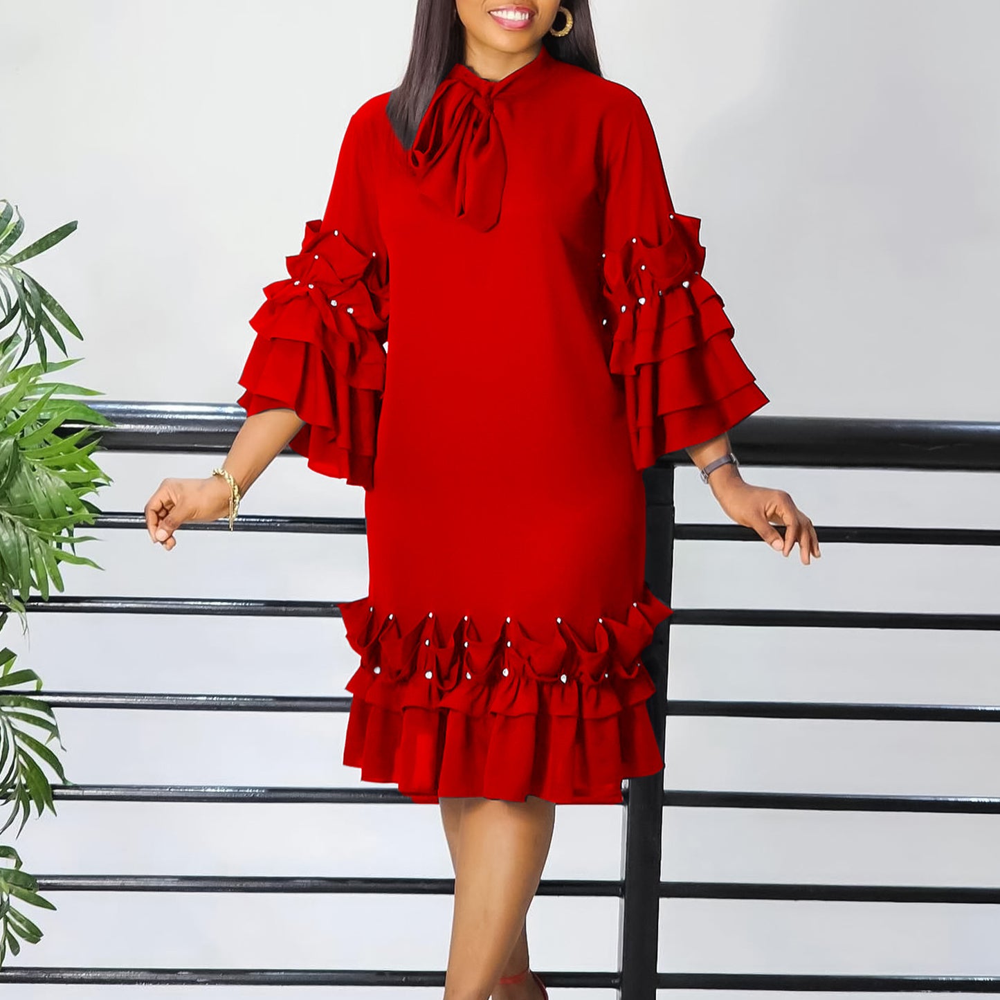 Elegant Multi-Layer Ruffle Sleeve Dress