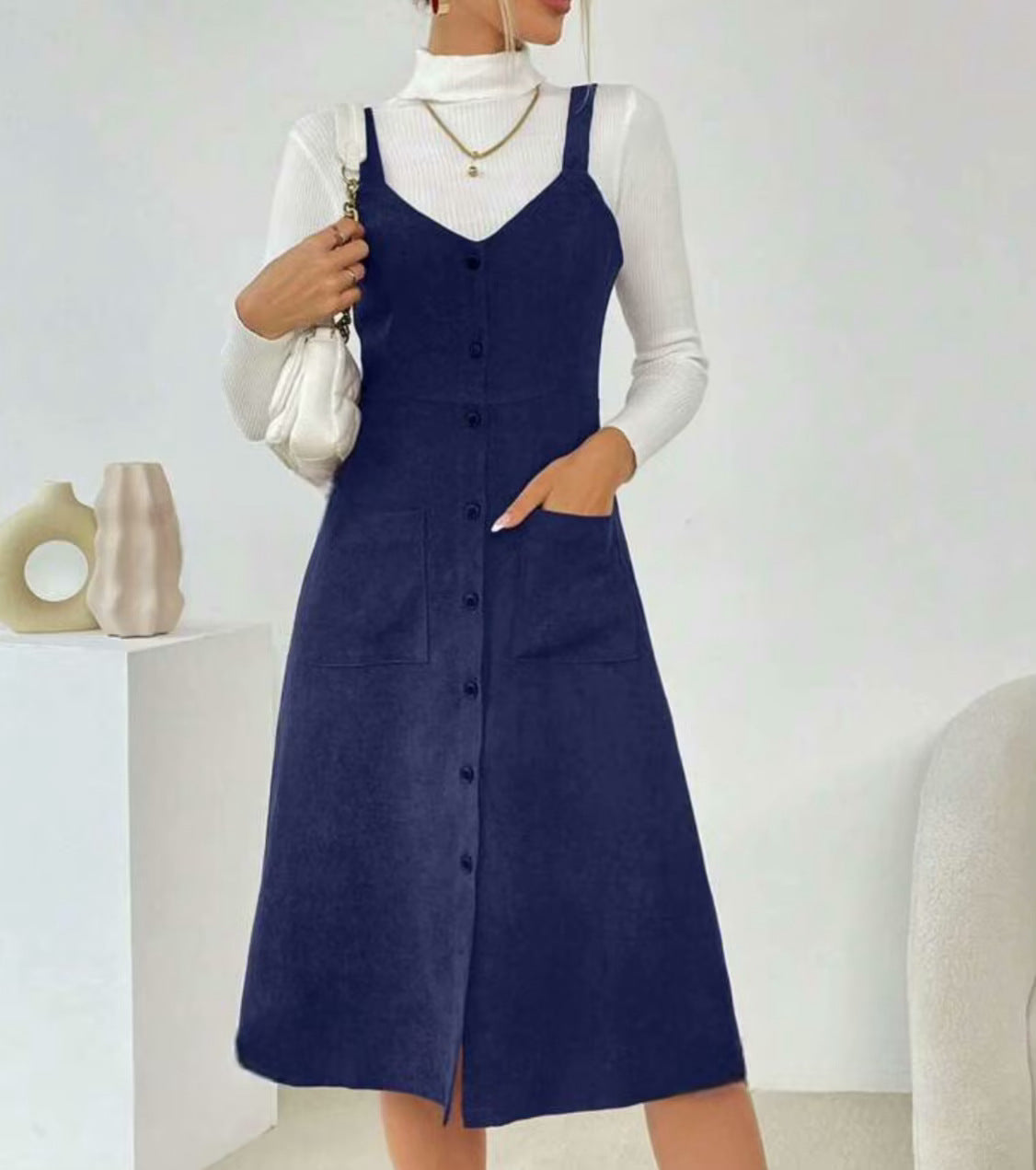 Autumn/Winter Cross-Border Suspender Pocket Midi Dress