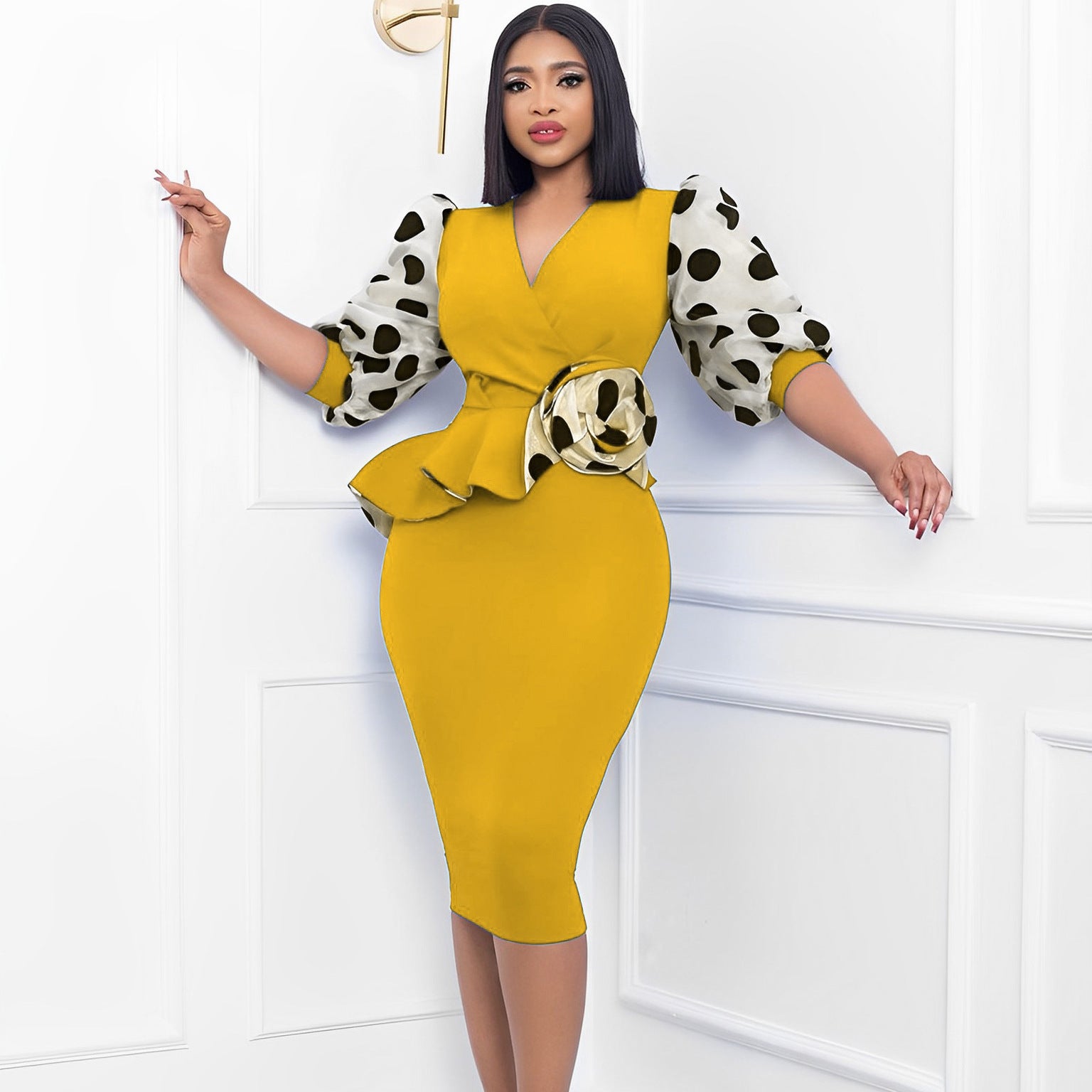 Elegant Mesh Stitching V-Neck Hip Dress