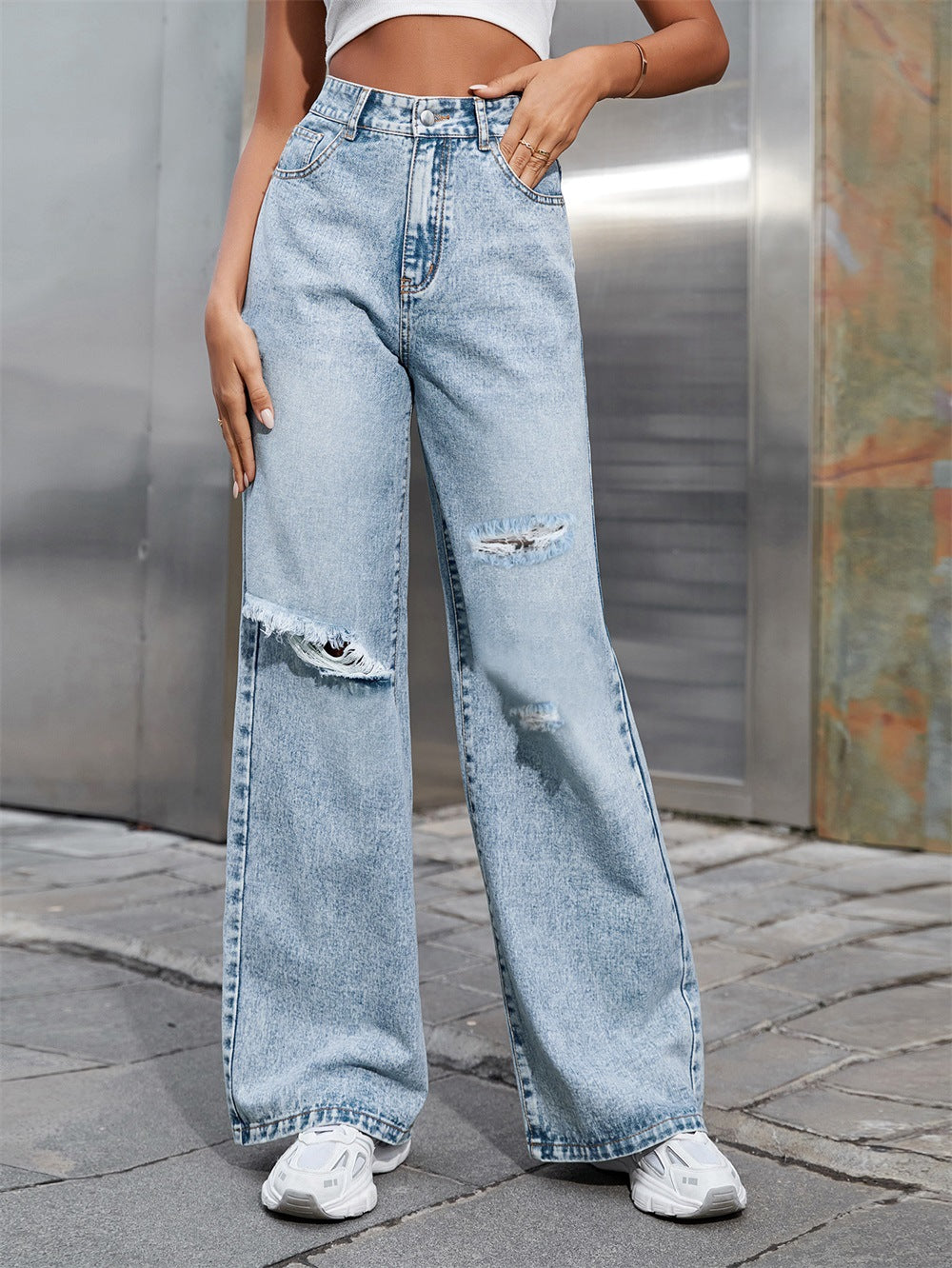 Ripped wash loose, straight denim pants