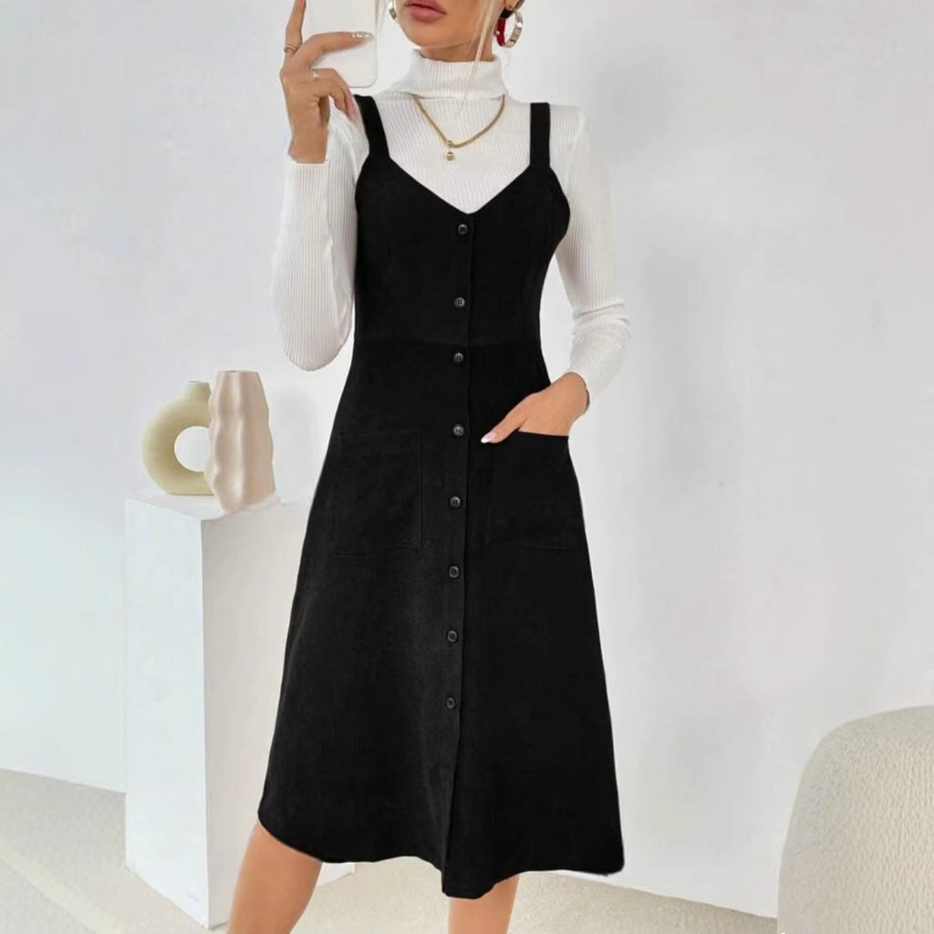 Autumn/Winter Cross-Border Suspender Pocket Midi Dress