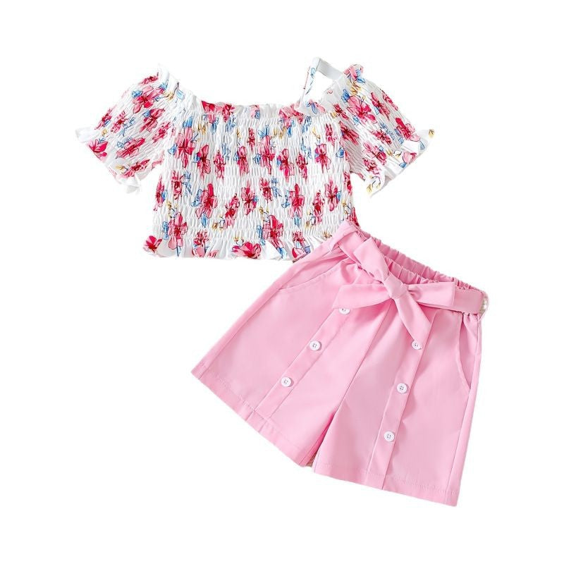 Floral Suspenders & Pink Shorts Set