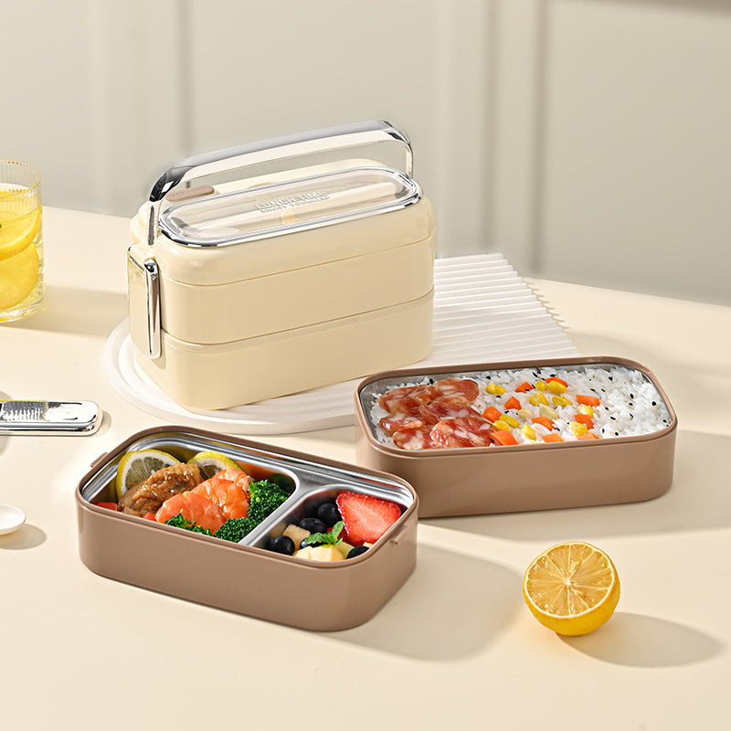 Stainless Steel Double-Layer Lunch Box with Handle & Utensils