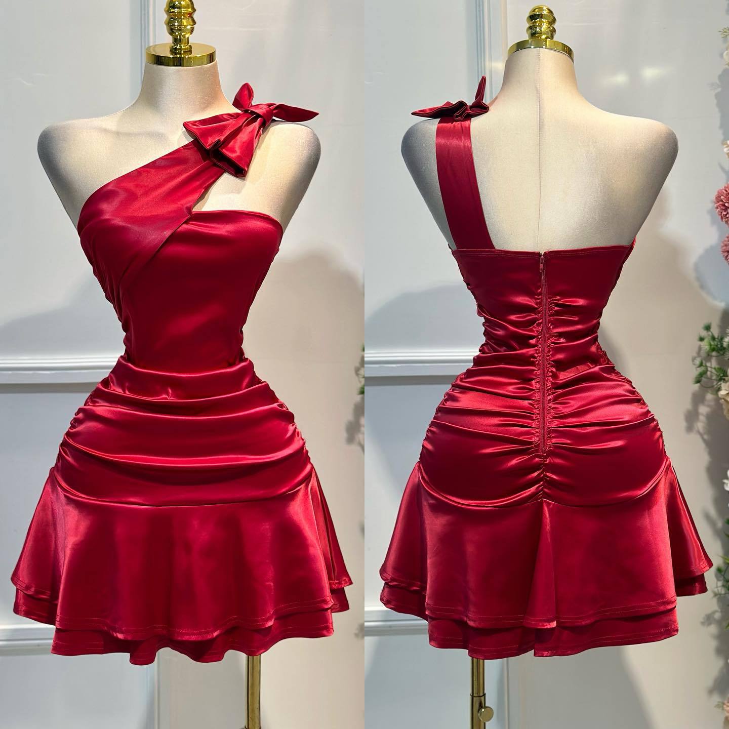 Sweet Bow Slanted Shoulder A-Line Dress