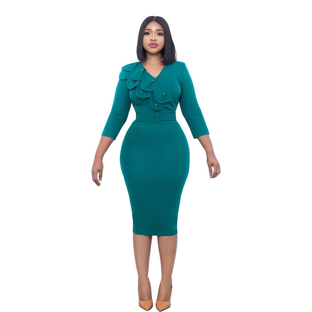 Elegant Beaded Ruffle V-Neck Hip Skirt