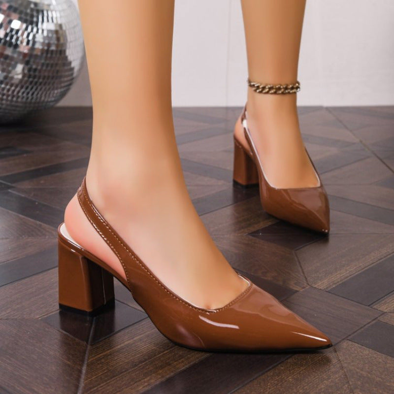 Womens Patent Leather Pointed-Toe Chunky Heel Sandals  Elegant Commuter Shoes