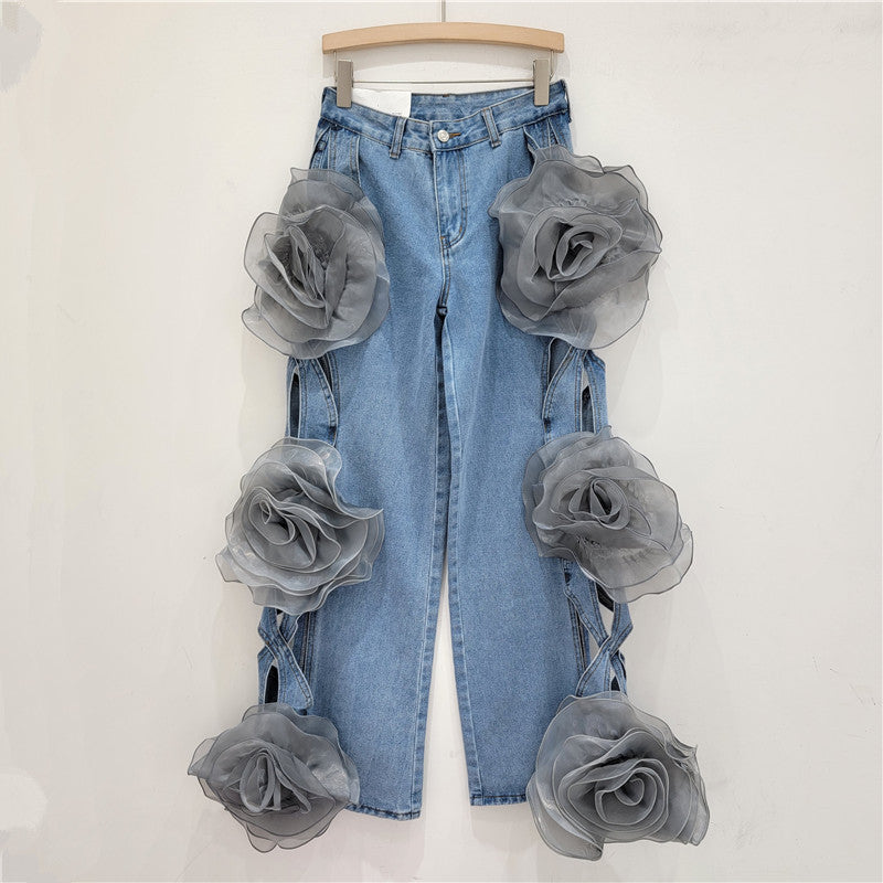 Trendy High-Waisted Pink Cut-Out Flower Denim Wide-Leg Pants