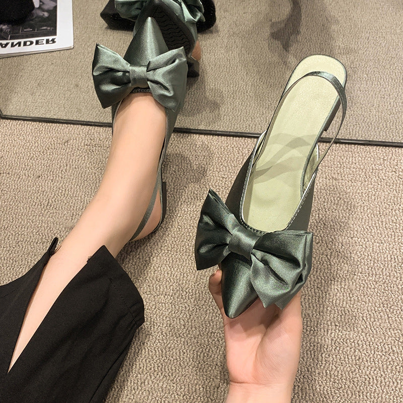 Korean Silk Bow Flat Sandals  Two-Way Wear, Pointed Toe & Square Heel