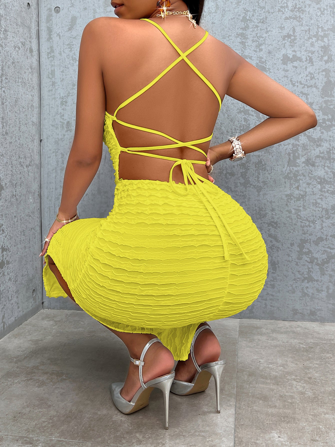 Fashion sexy style women's clothing - new solid color suspender back dress - L / Yellow Fashion sexy style women's clothing - new solid color suspender back dress - L / Yellow