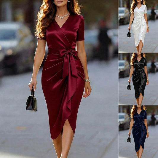 Womens Summer V-Neck Bow Midi Dress  Elegant Solid Color Casual Party Dress