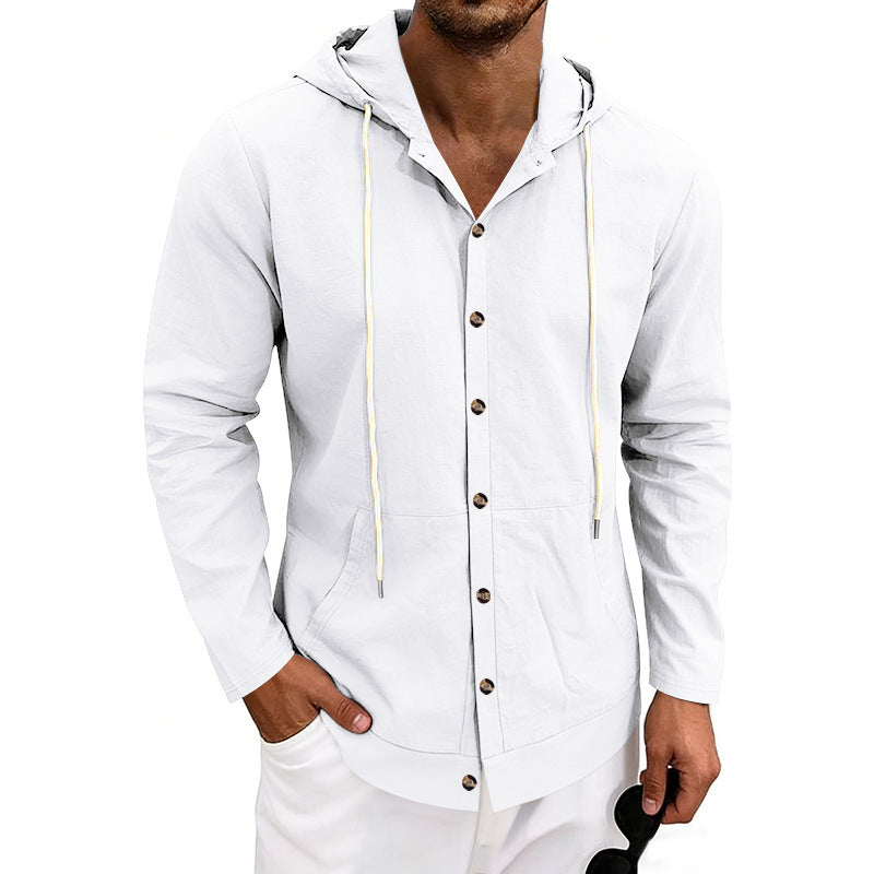 Mens Linen Hooded Beach Shirt  Casual Loose Fit Cardigan for Spring & Fall