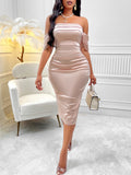 Slim half-shoulder pleated dress