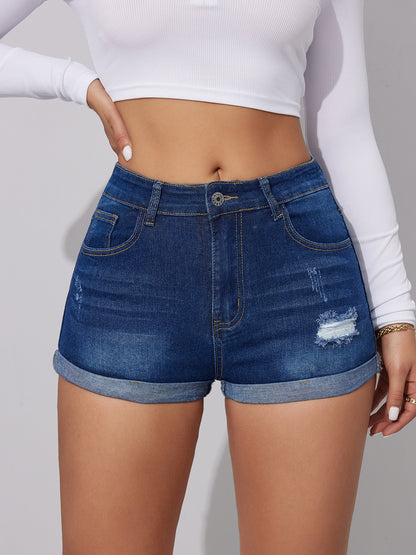 High-waisted stretch thin ripped jeans shorts