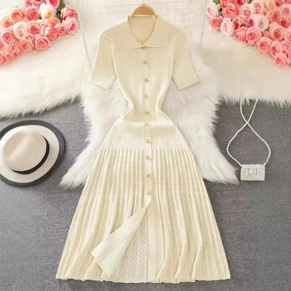 Elegant French-Style Knitted Polo Dress for Women