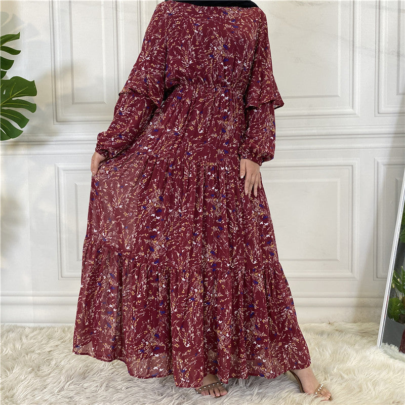 Women's Floral Chiffon Maxi Dress  Long Sleeve Elegant Swing Dress