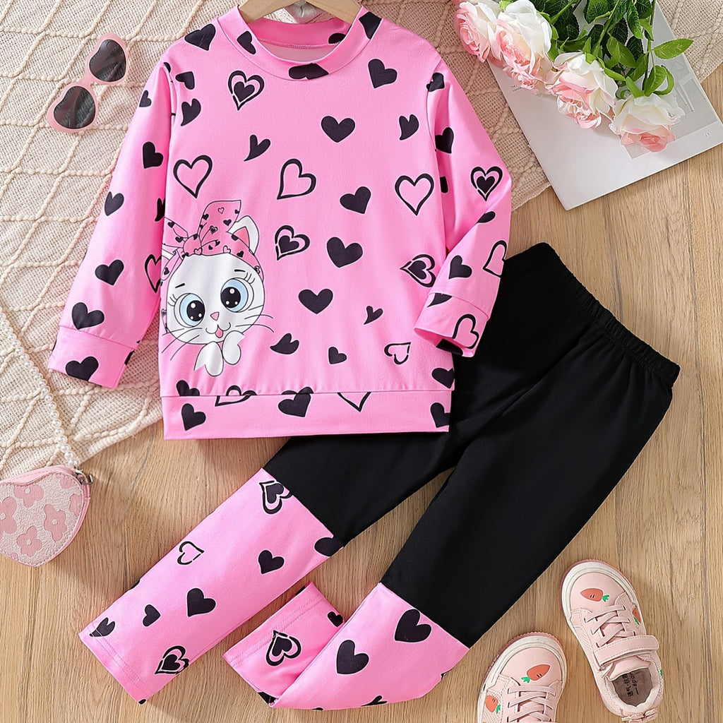 Girls' Pink Cat & Heart Print Sweatshirt Set