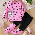 Girls' Pink Cat & Heart Print Sweatshirt Set