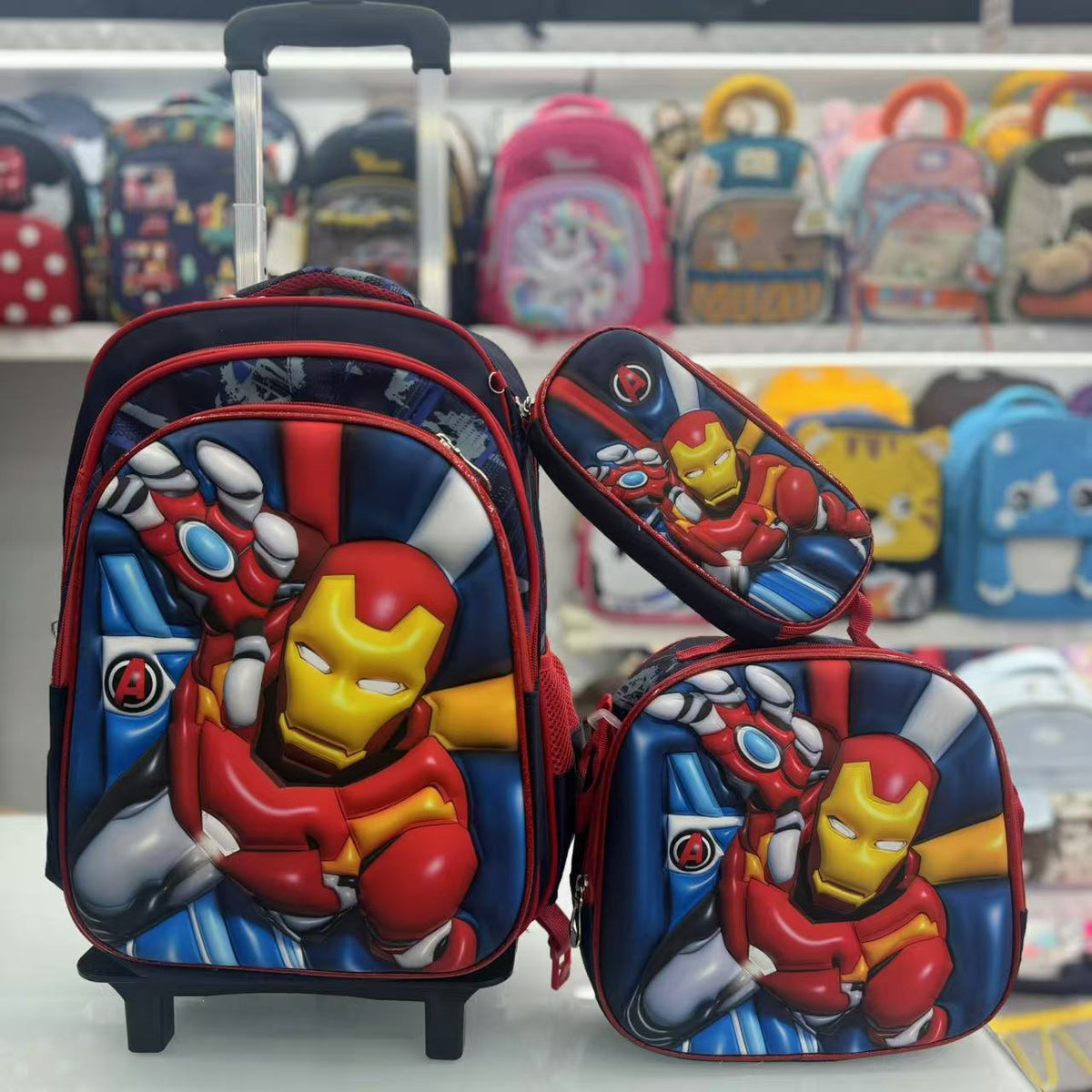 Cartoon 16Inch three-piece set with a rolling rod backpack 3D hard shell backpack with wheels