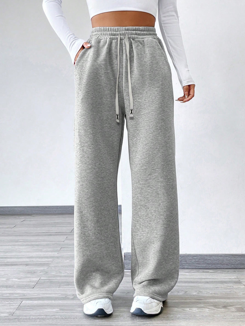 Drawstring Sweatshirt Trousers - Printed Women's Casual Wide-Leg Pants