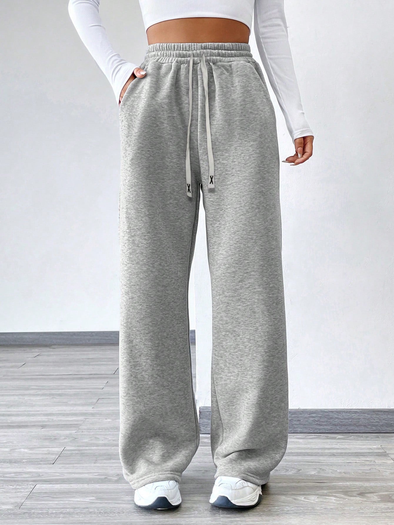 Drawstring Sweatshirt Trousers - Printed Women's Casual Wide-Leg Pants