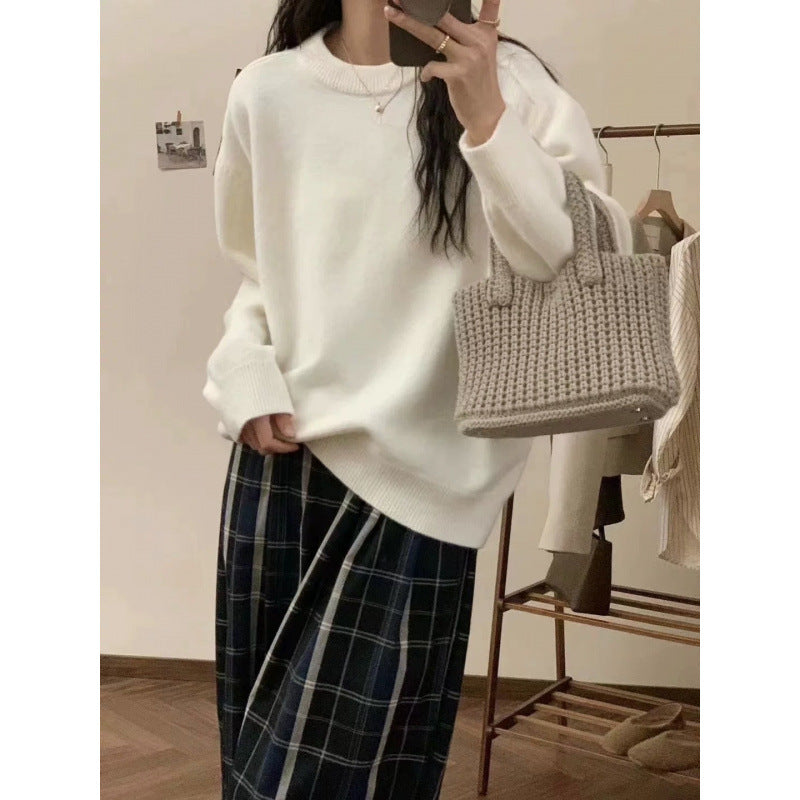 Solid Color Crew Neck Loose Knit Sweater  Casual Autumn Winter Pullover