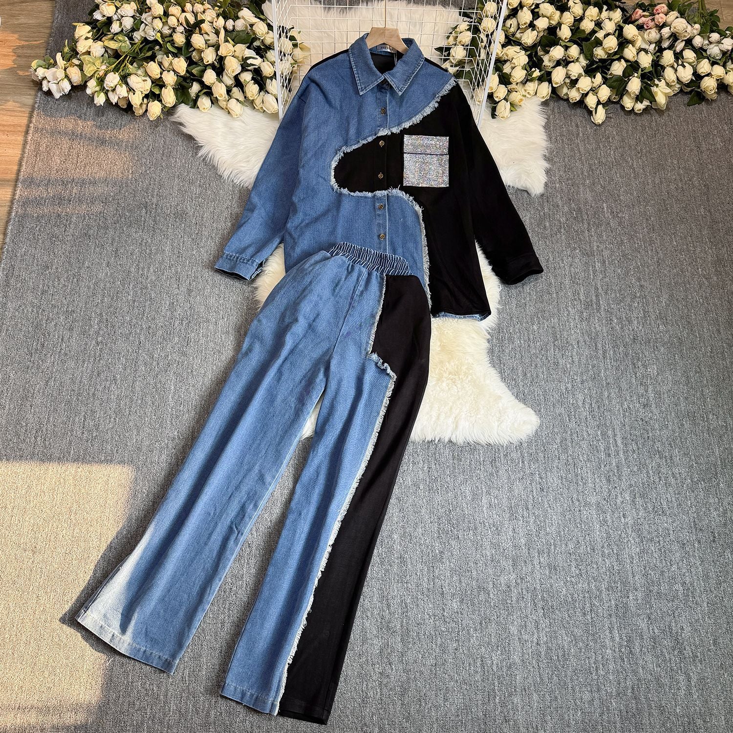 Retro Contrast-Stitch Denim Set