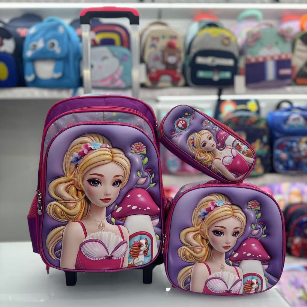 Cartoon 16Inch three-piece set with a rolling rod backpack 3D hard shell backpack with wheels