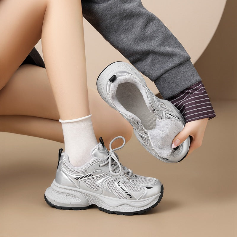 ZHR Women's Thick Sole Fleece Sneakers  Warm Height-Increasing Casual Shoes