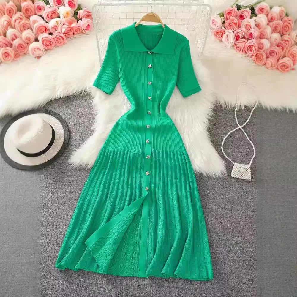 Elegant French-Style Knitted Polo Dress for Women