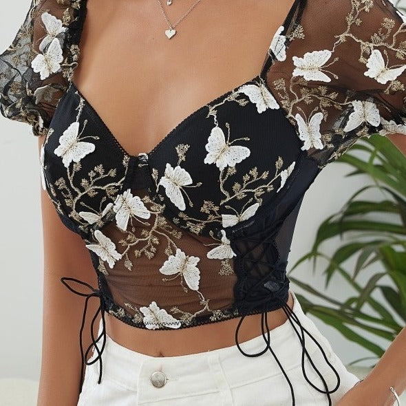 Puff sleeves sexy flora crop top underwire gathered drawstring waist sleeve vest