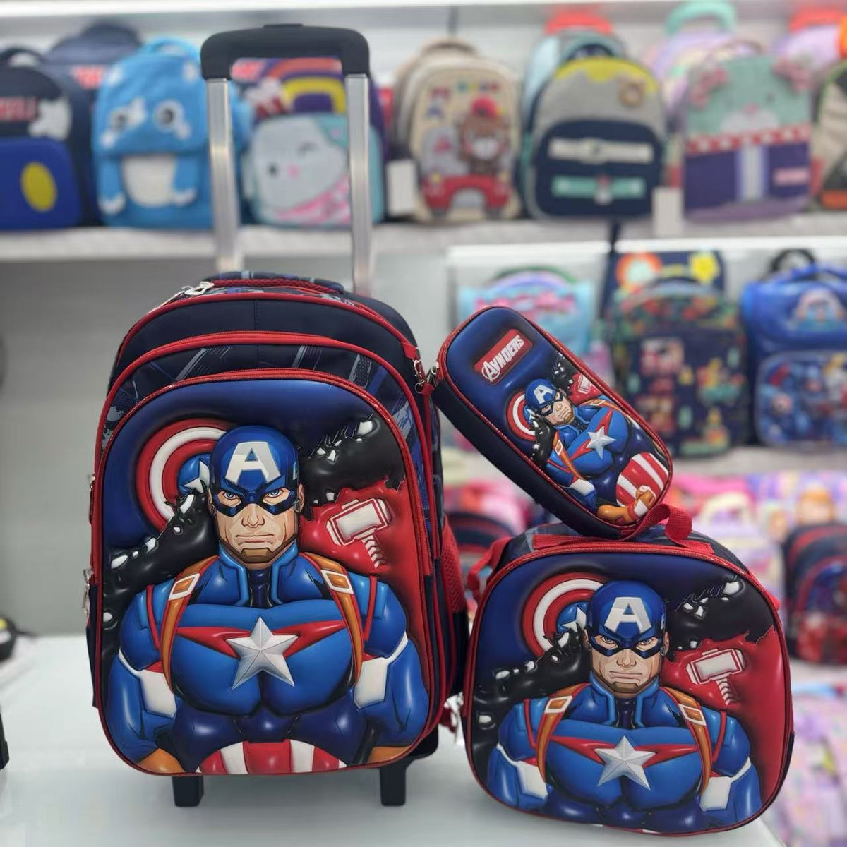 Cartoon 16Inch three-piece set with a rolling rod backpack 3D hard shell backpack with wheels
