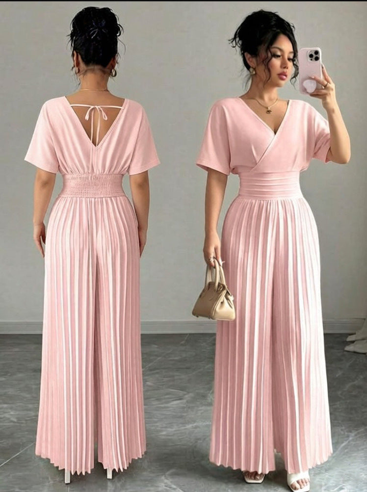 Women’s Elegant V-Neck Pleated Jumpsuit – Solid Color Waist-Cinching Short Sleeve Romper