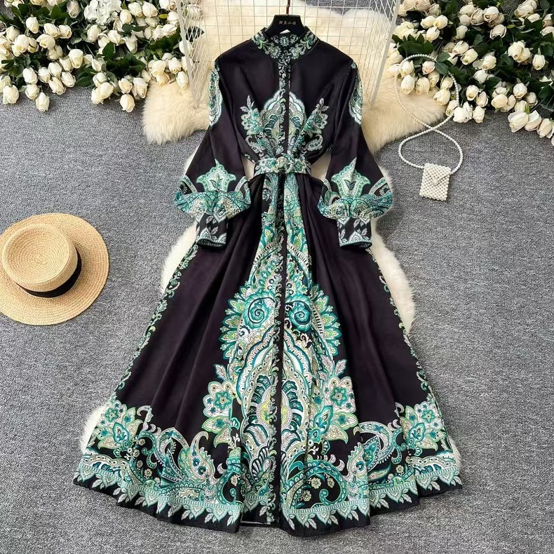 Printed Stand Collar Tie-Waist Dress