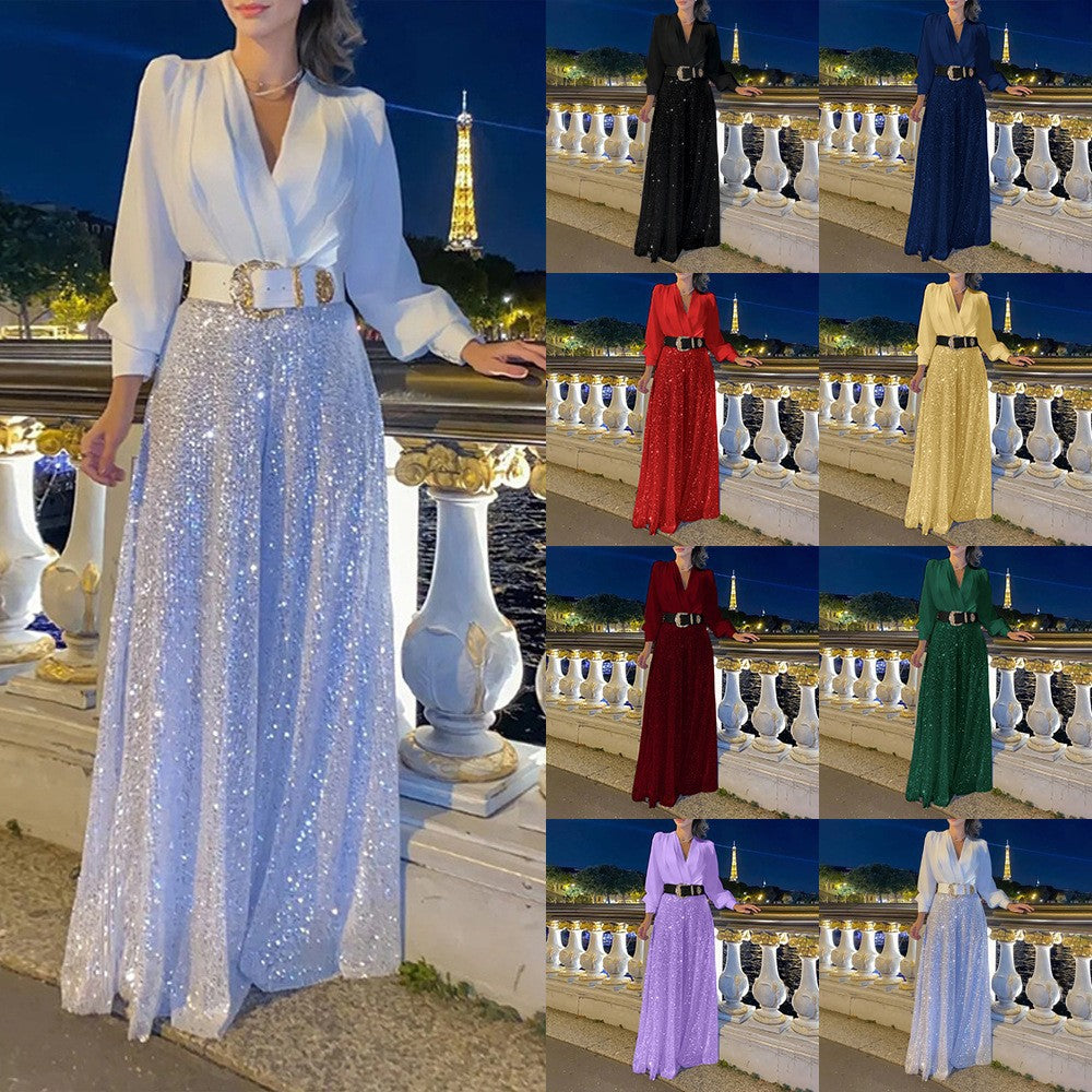 V-neck long-sleeved shirts, waist thin, sequined wide-leg pants