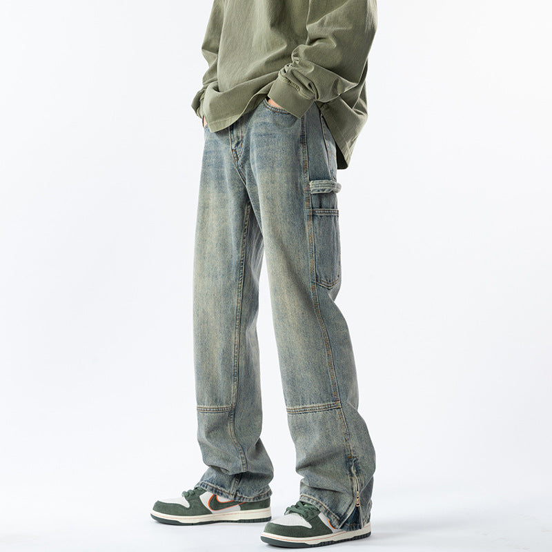 Retro Distressed Zipper-Slit Straight-Leg Jeans for Men