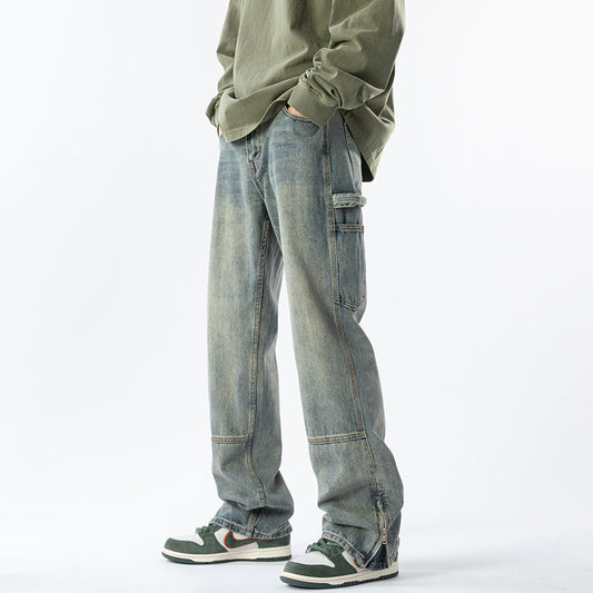 Retro Distressed Zipper-Slit Straight-Leg Jeans for Men