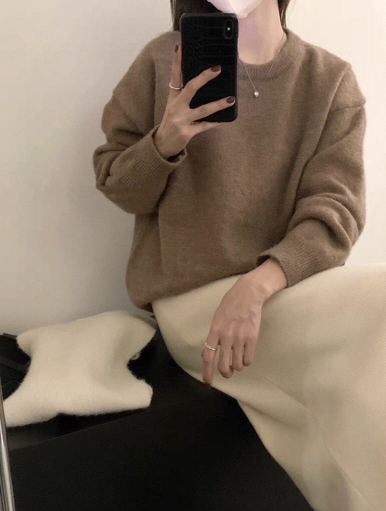 Solid Color Crew Neck Loose Knit Sweater  Casual Autumn Winter Pullover