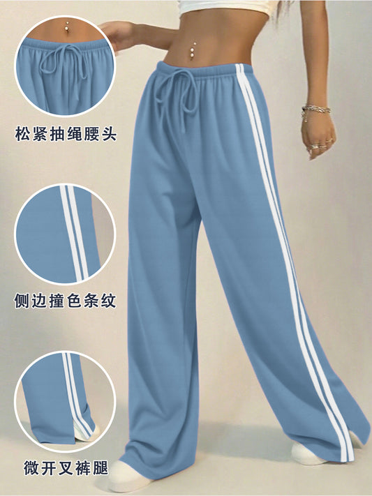 Women's Wide-Leg Striped Slacks with Drawstring Waist