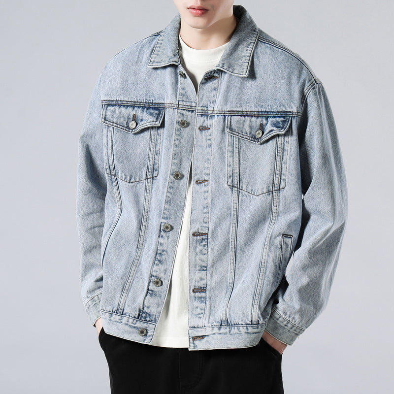 Men's Washed Denim Jacket  Loose Retro Casual Lapel Coat