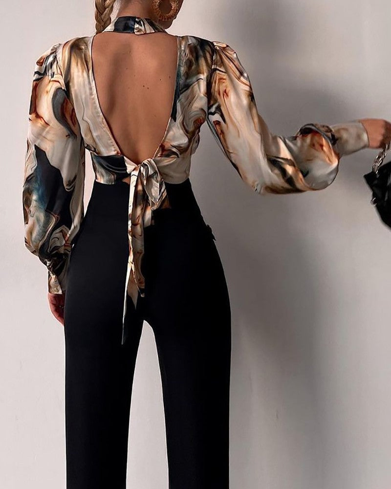 Stand-Up Collar, Long Sleeve Balloon Sleeve, Backless Cut-out Top