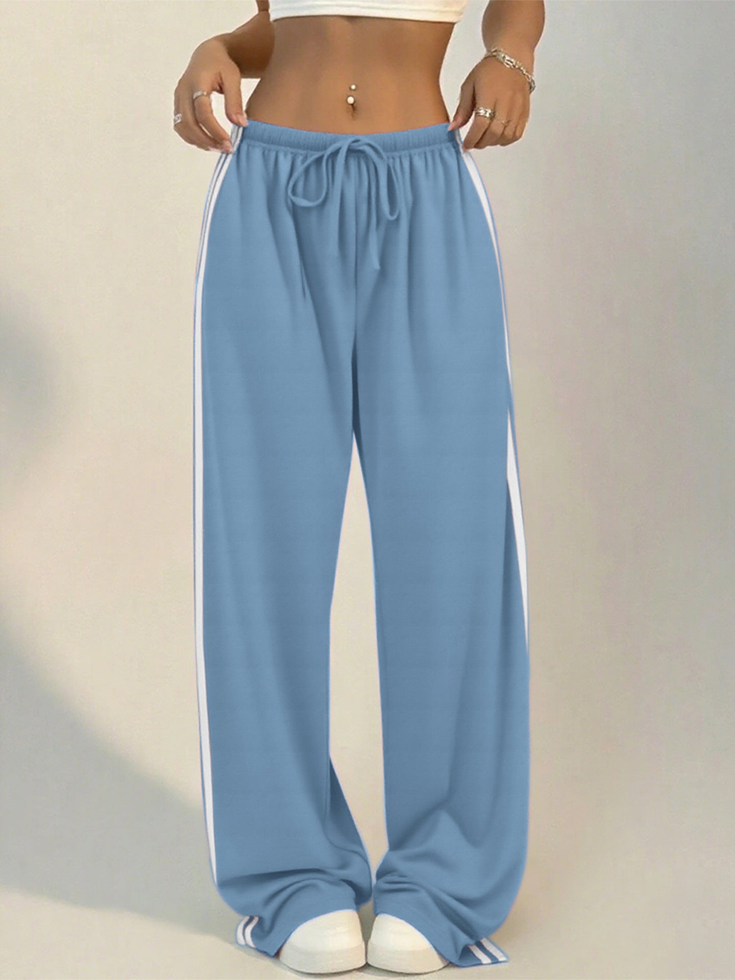 Women's Wide-Leg Striped Slacks with Drawstring Waist