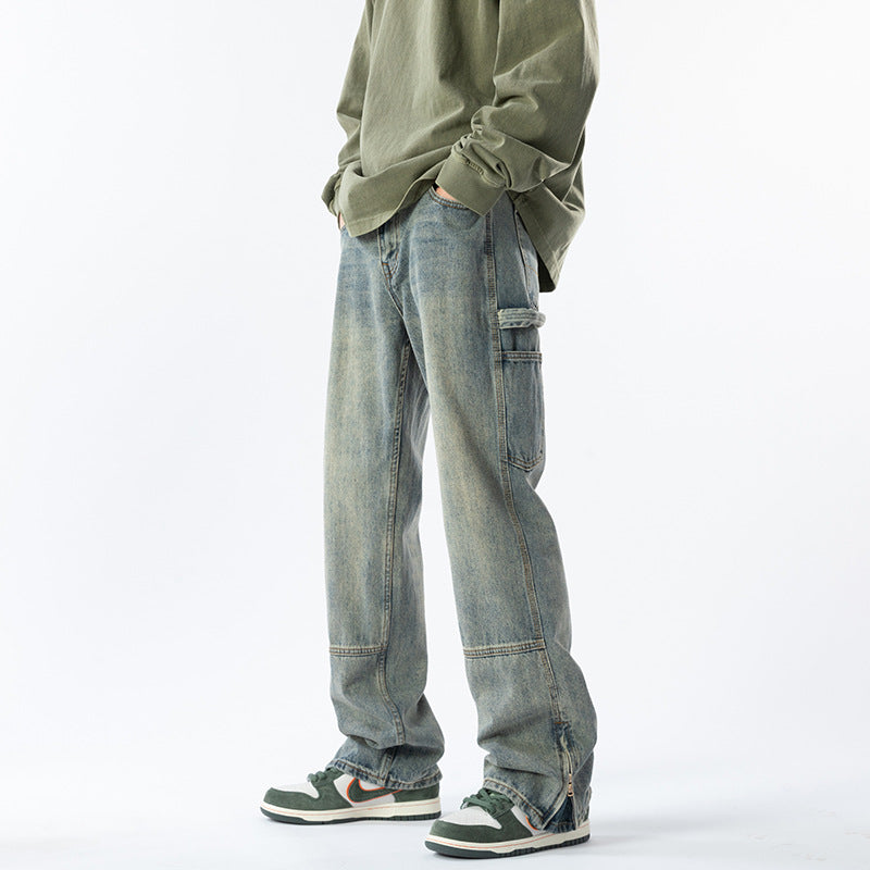 Retro Distressed Zipper-Slit Straight-Leg Jeans for Men