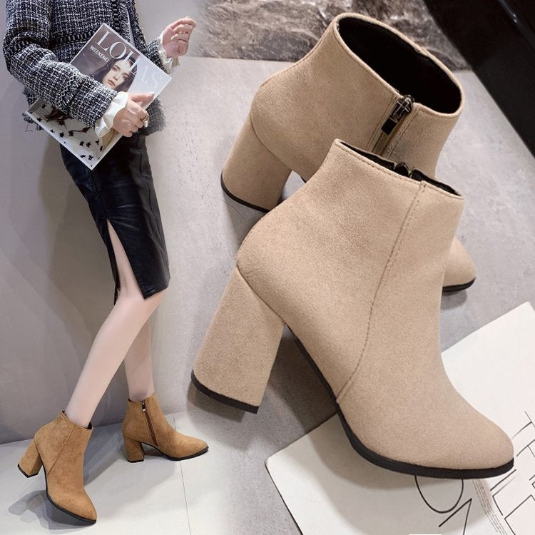 High Heeled Boots Side Zipper - Fashion Block Heel