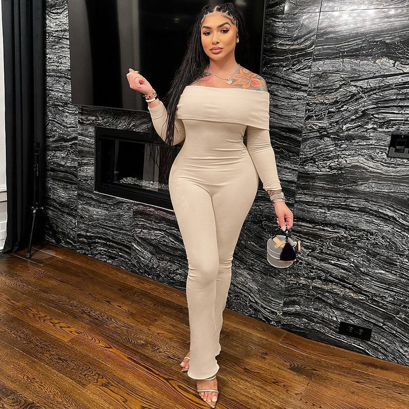 Pit Strip One-shoulder Long Sleeve Solid Color Slim Stretch Jumpsuit