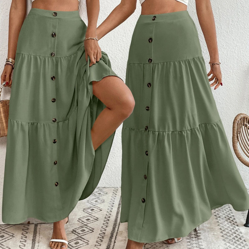 Women's Button-Front Elastic Waist Long Cake Skirt