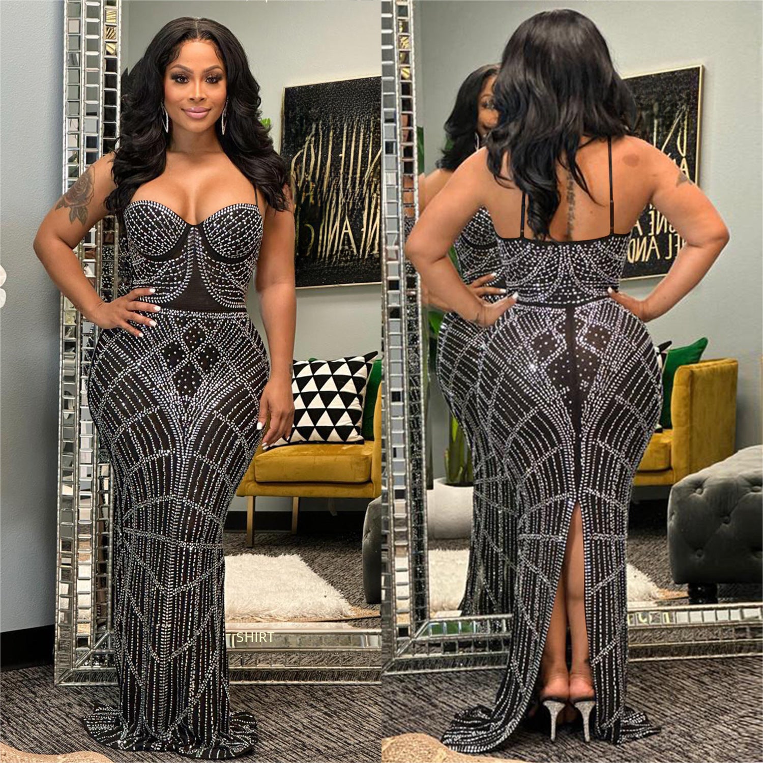 Hot diamond mesh sleeveless shoulder strap long dress
